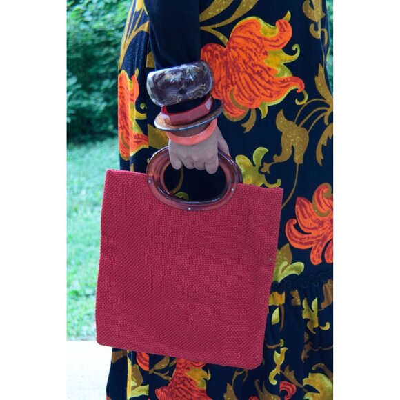 Retro Vintage Purse Tote Red Handbag Bag - Picture 2 of 6